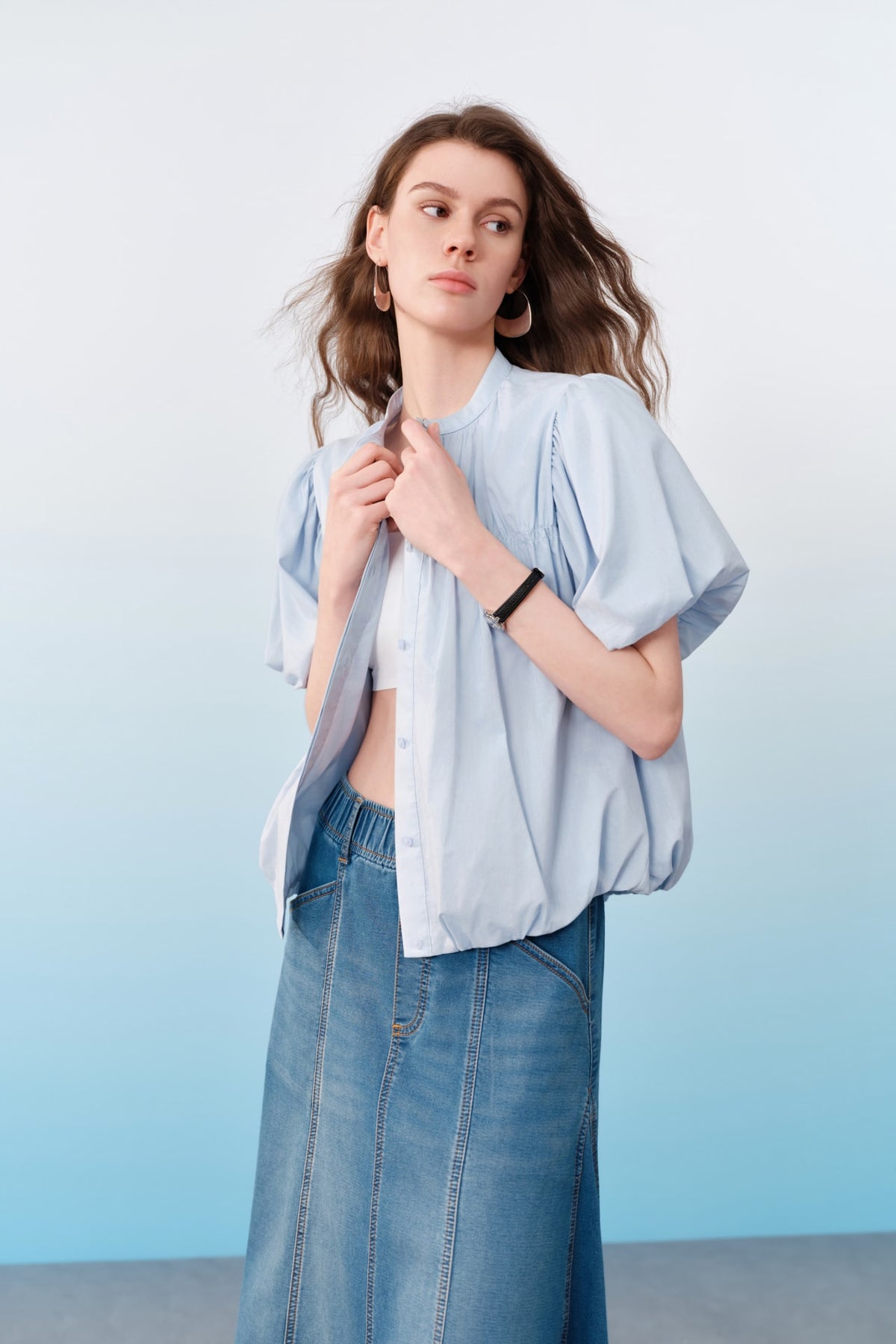 G2000 Blouses Cotton Poplin Stand Collar Regular Fit Smocked Puff Short Sleeve Shirt