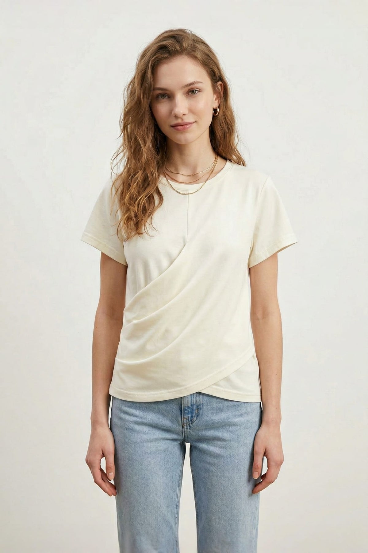 G2000 T-Shirts CVC Jersey Round Neck Pleats Top With Belt Almond Oil No Fit