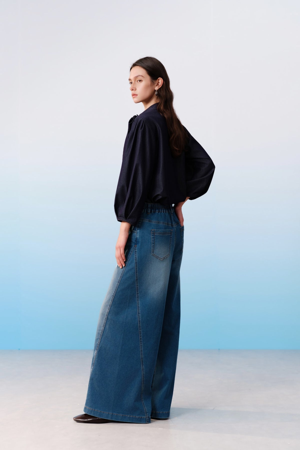 G2000 Pants Elastic Waist Full Length Wide Leg Pants Voyage Blue Wide Leg