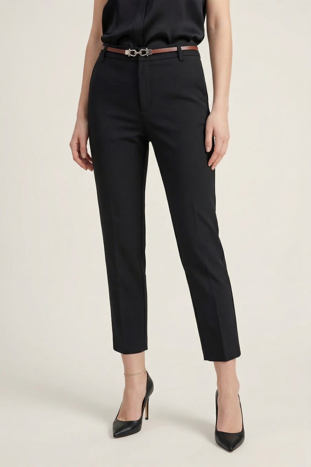 G2000 Pants Elastic Waist Belted Capri Cigarette Casual Pants Black Cigarette