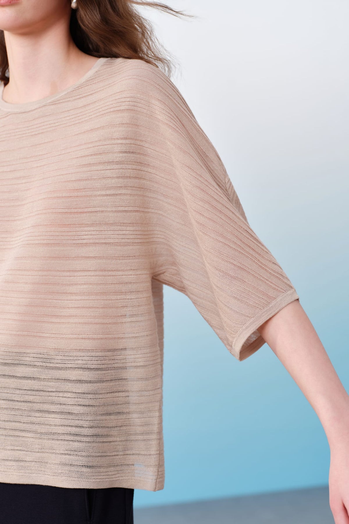 G2000 Sweaters Semi-Transparent Slub Yarn Stripe Round Neck Sweater With Belt