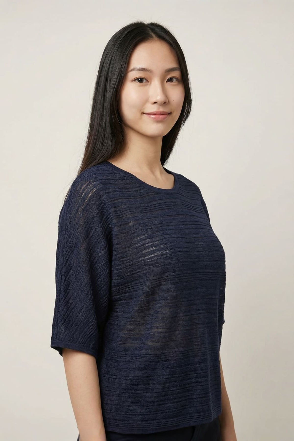 G2000 Sweaters Semi-Transparent Slub Yarn Stripe Round Neck Sweater With Belt Dark Navy Relaxed