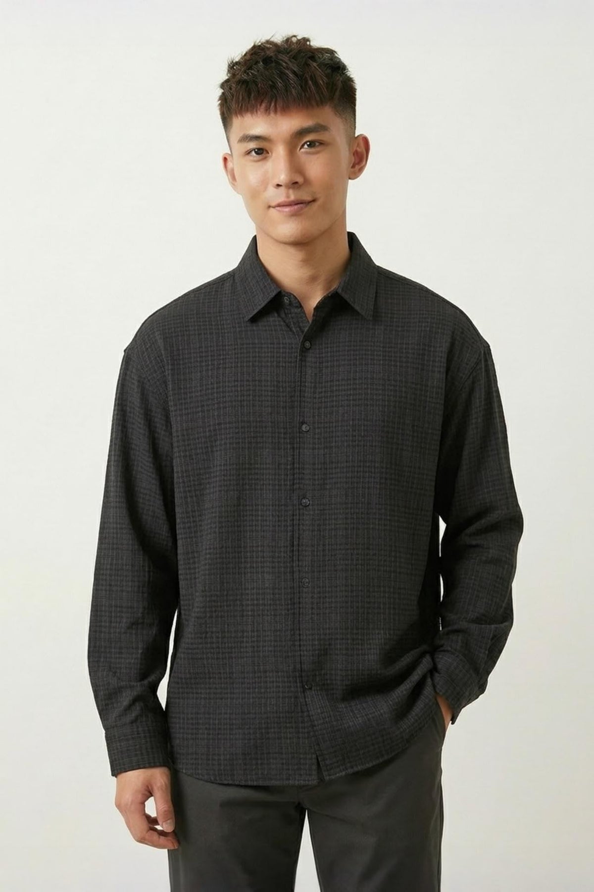 G2000 Shirts Seersucker Check Comfort Fit Long Sleeve Casual Shirt Anthracite Comfort