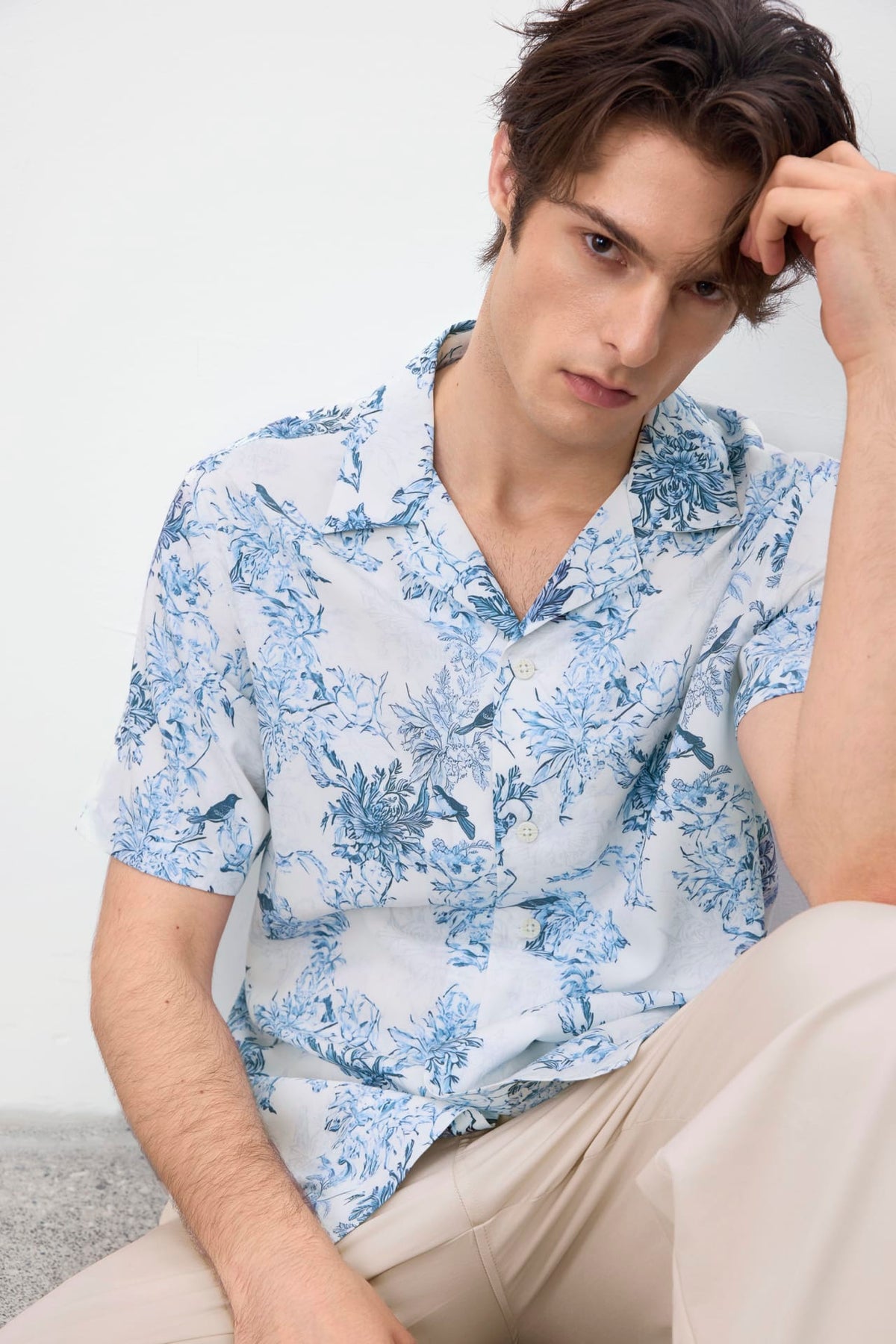 G2000 Shirts Modal Blend Botanical Print Relax Fit Short Sleeve Casual Shirt Brilliant White Relaxed