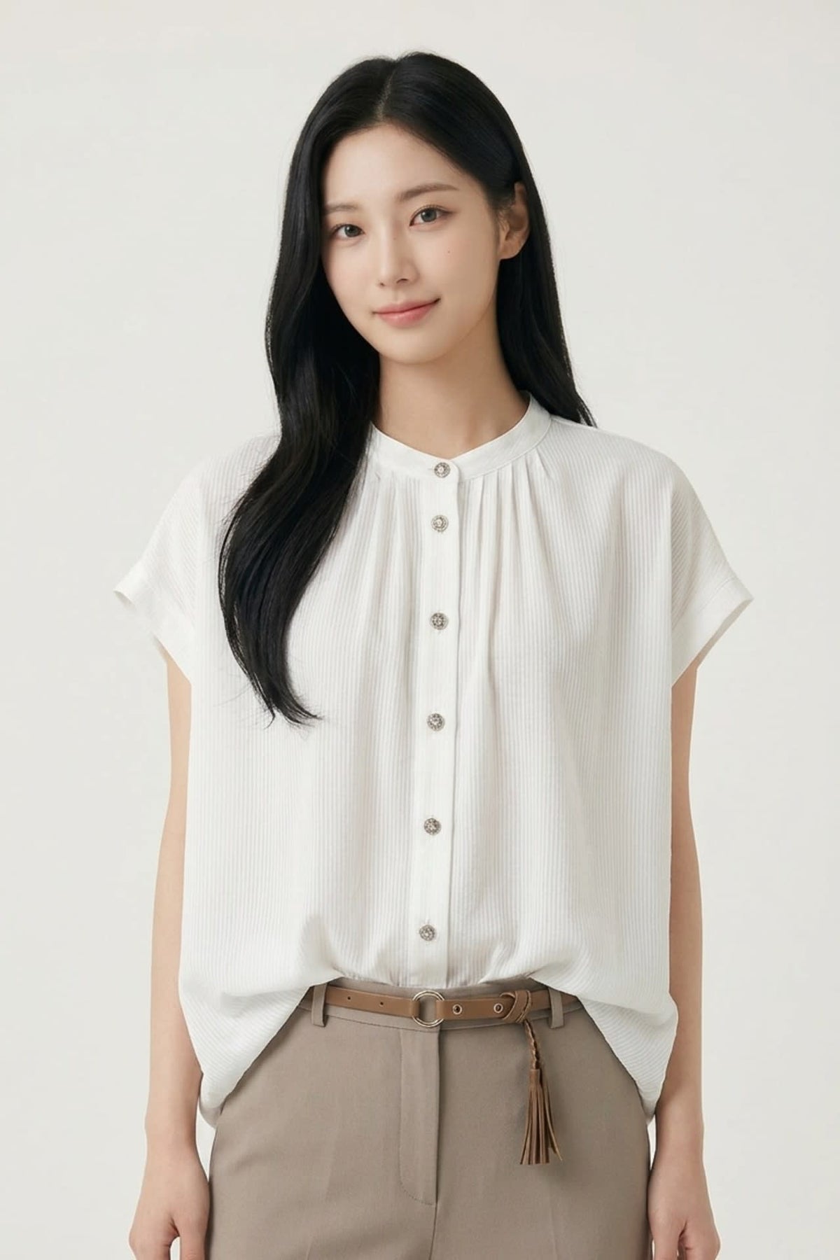 G2000 Blouses Gathered Stand Collar Blouse White No Fit