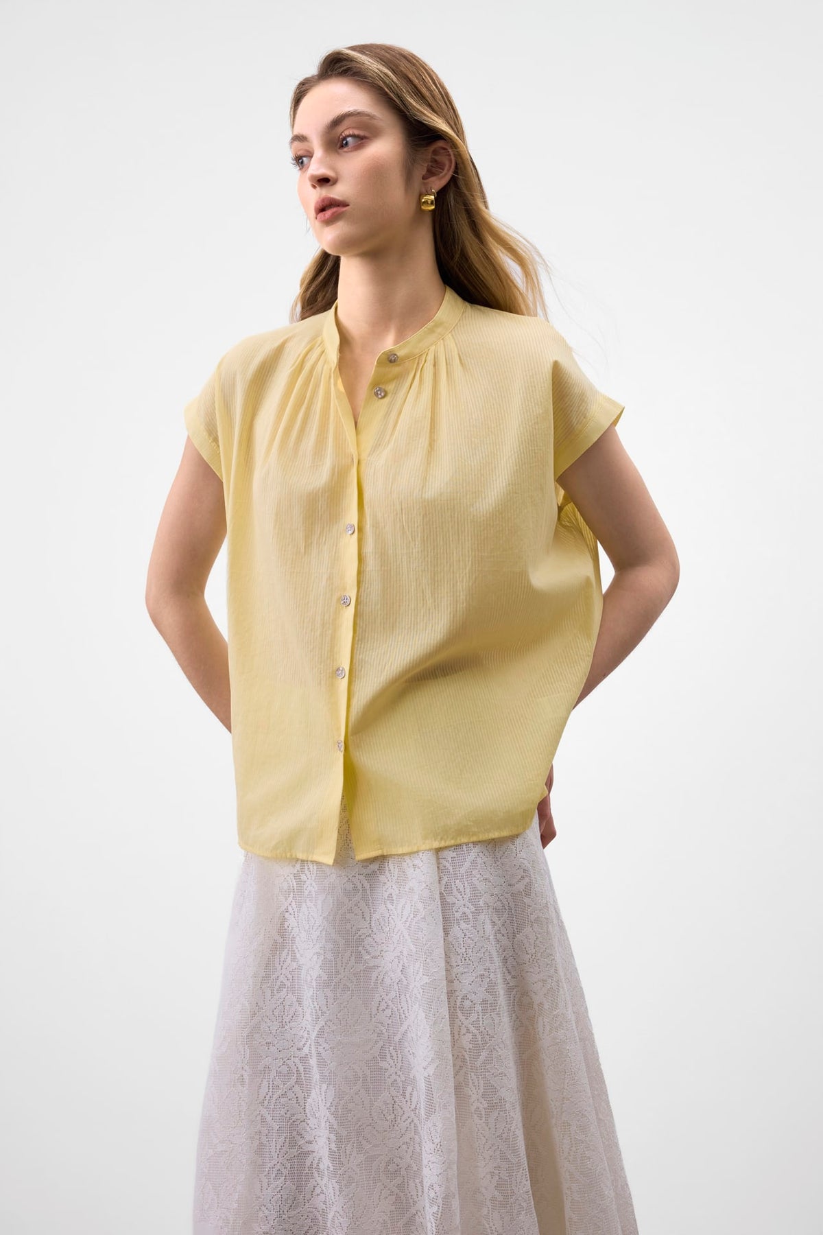 G2000 - Blouses - Gathered Stand Collar Blouse - No Fit - Popcorn
