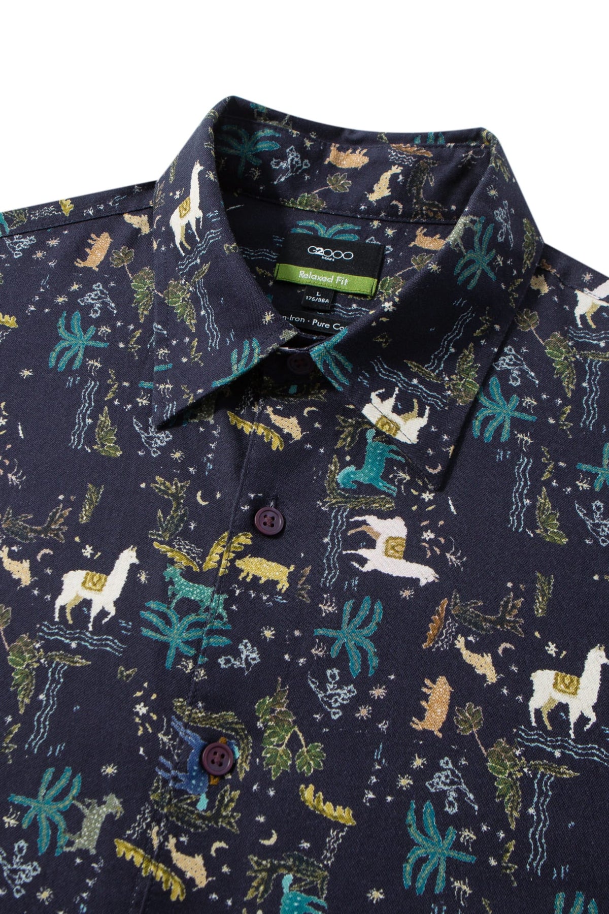 Non-Iron Pure Cotton Folk Art Llama Print Relax Fit Long Sleeve Casual Shirt