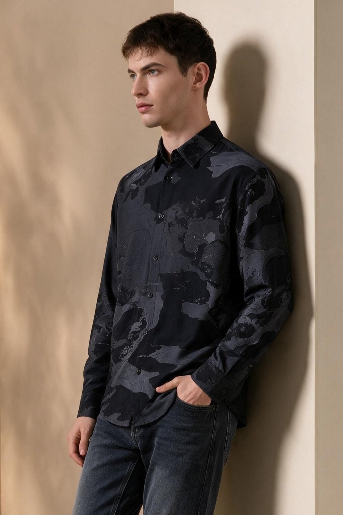 G2000 - Shirts - Non-Iron Pure Cotton Topographic Map Print Relax Fit Long Sleeve Casual Shirt - Relaxed - Black Ink