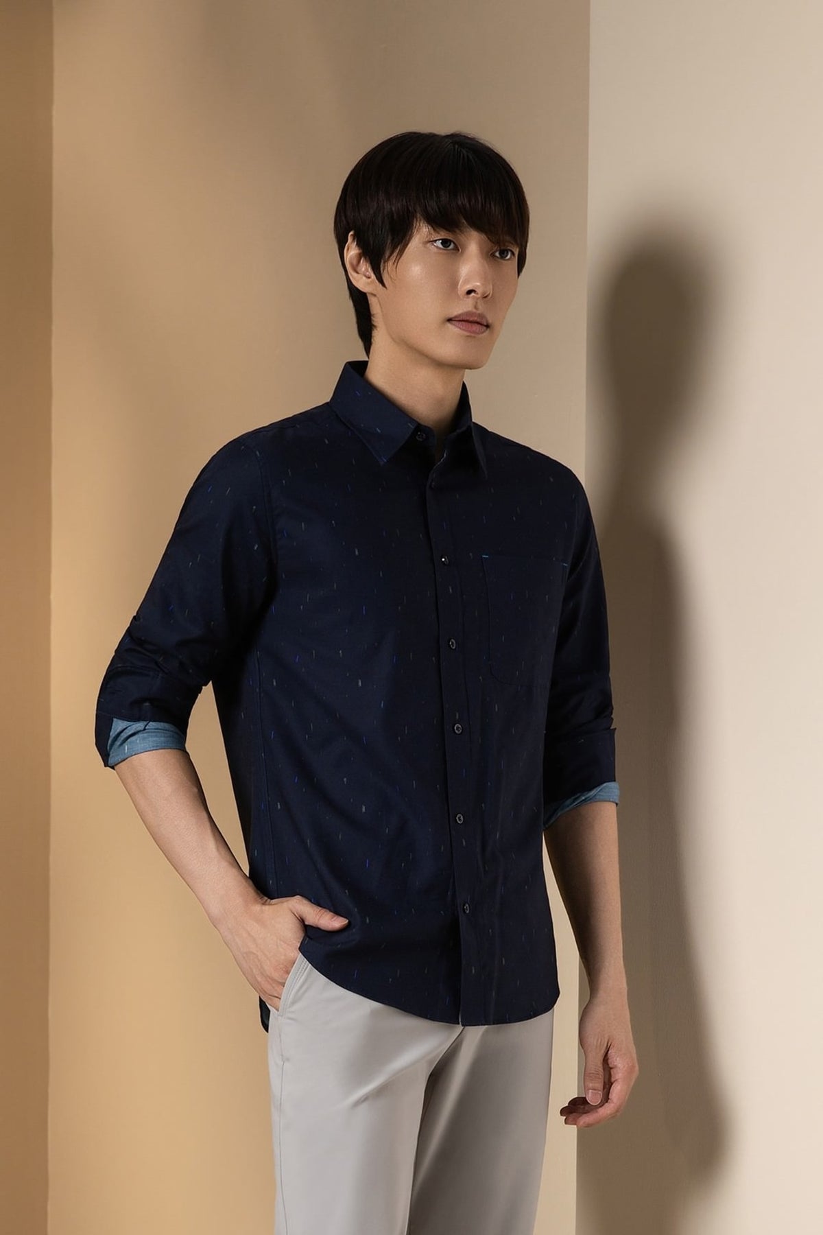 Non-Iron Pure Cotton Dotted Dash Print Comfort Fit Long Sleeve Casual Shirt