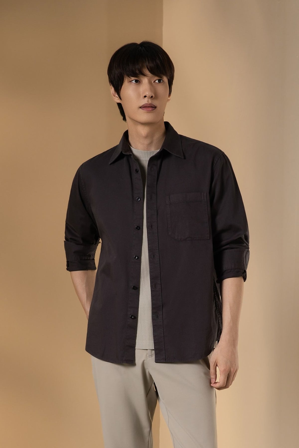 Pure Cotton Garment Dye Plain Weave Relax Fit Long Sleeve Casual Shirt