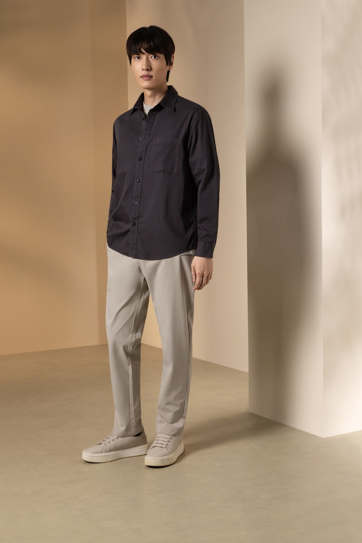Pure Cotton Garment Dye Plain Weave Relax Fit Long Sleeve Casual Shirt