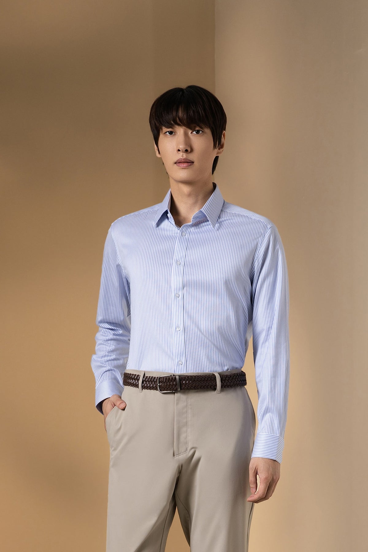 Non-Iron Cotton Stretch Dobby Texture Stripe Smart Fit Long Sleeve Shirt
