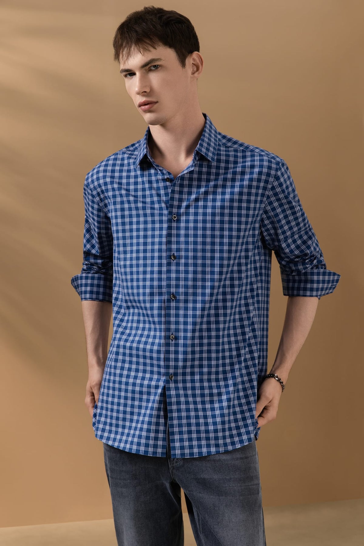 Non-Iron Cotton Stretch Check Narrow Smart Fit Long Sleeve Shirt