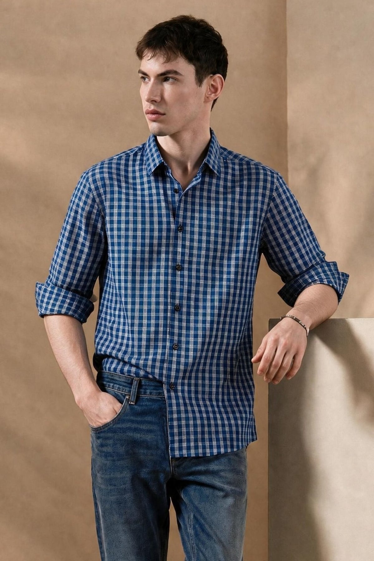 G2000 - Shirts - Non-Iron Cotton Stretch Check Narrow Smart Fit Long Sleeve Shirt - Smart - Mood Indigo