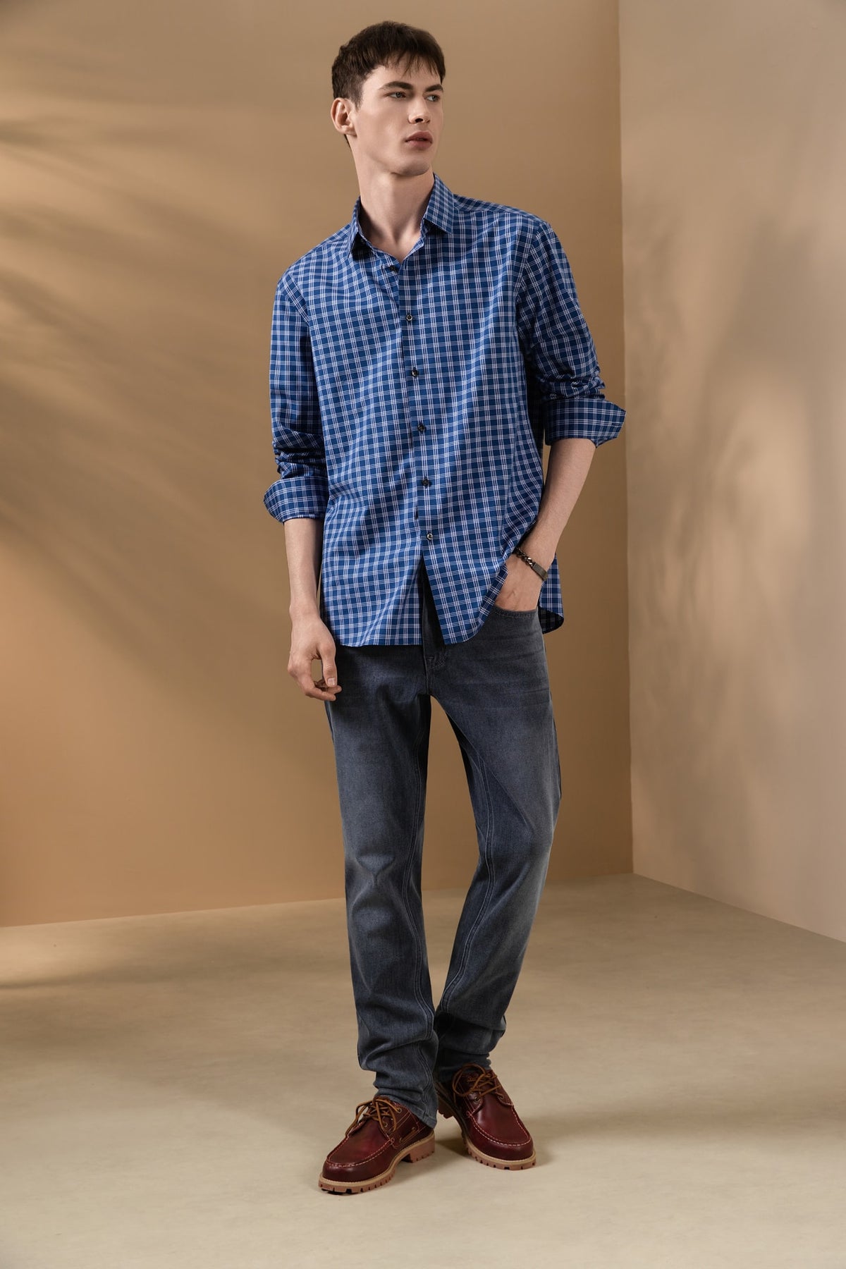 Non-Iron Cotton Stretch Check Narrow Smart Fit Long Sleeve Shirt