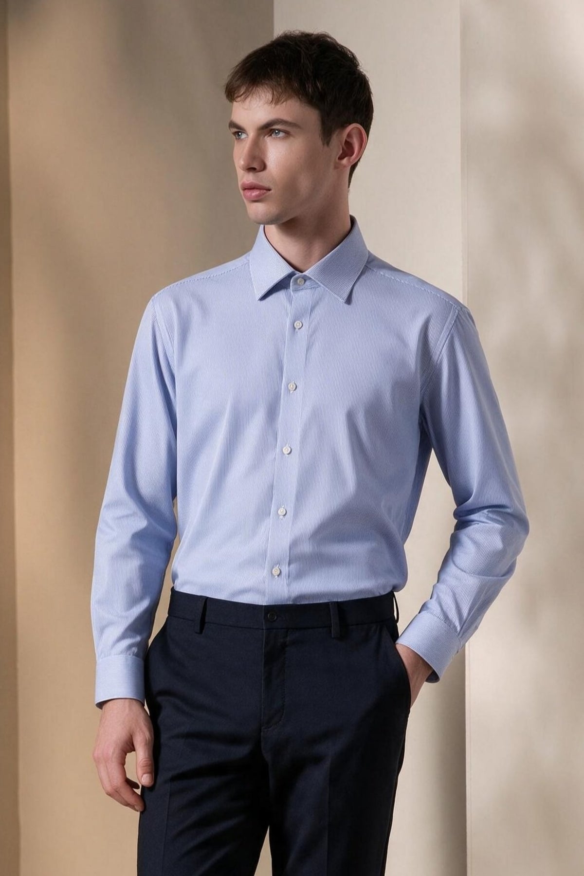 G2000 - Shirts - Non-Iron Dry Stretch Stripe Smart Fit Long Sleeve Shirt - Smart - Strong Blue