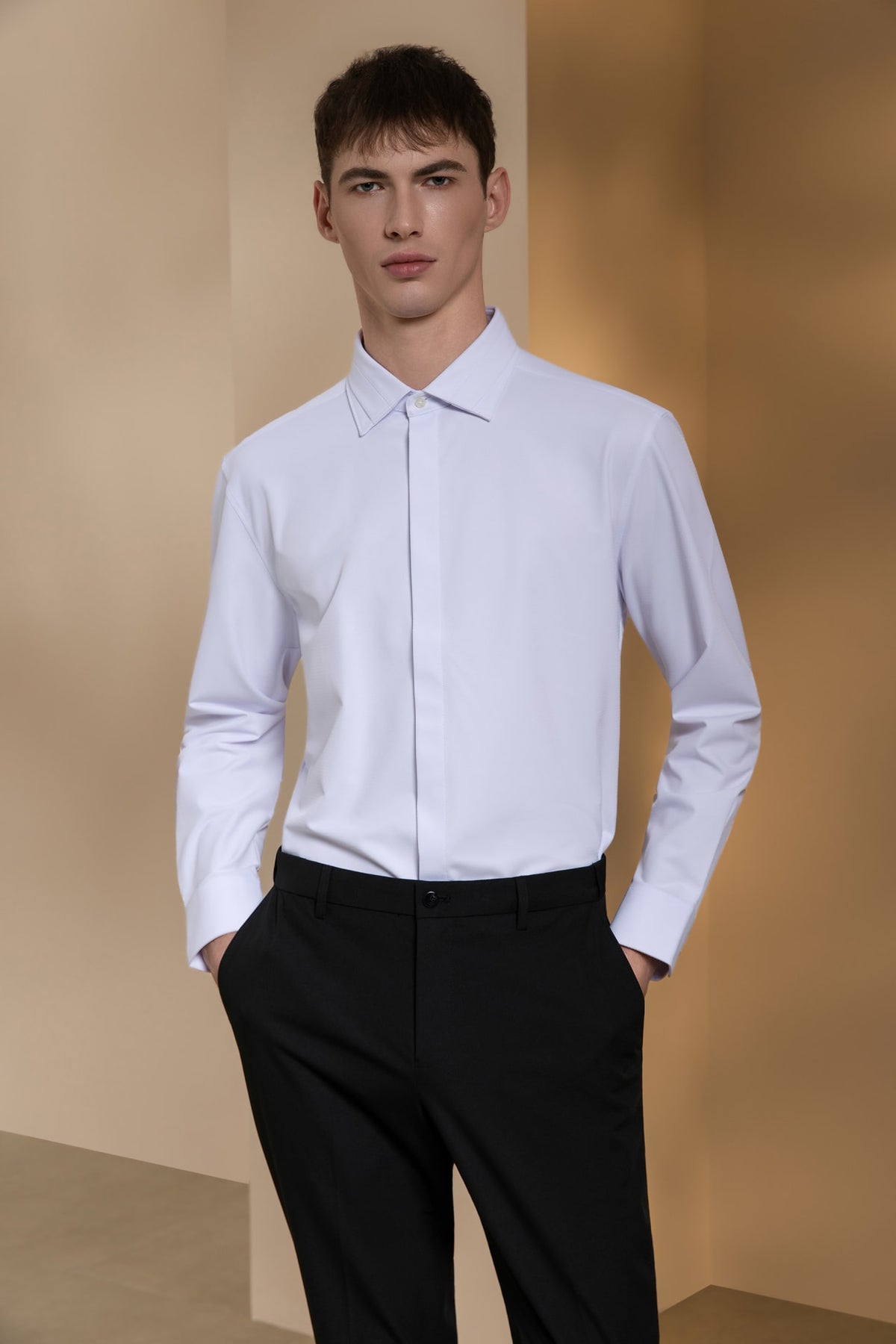 Non-Iron Dry Stretch Herringbone Smart Fit Long Sleeve Shirt