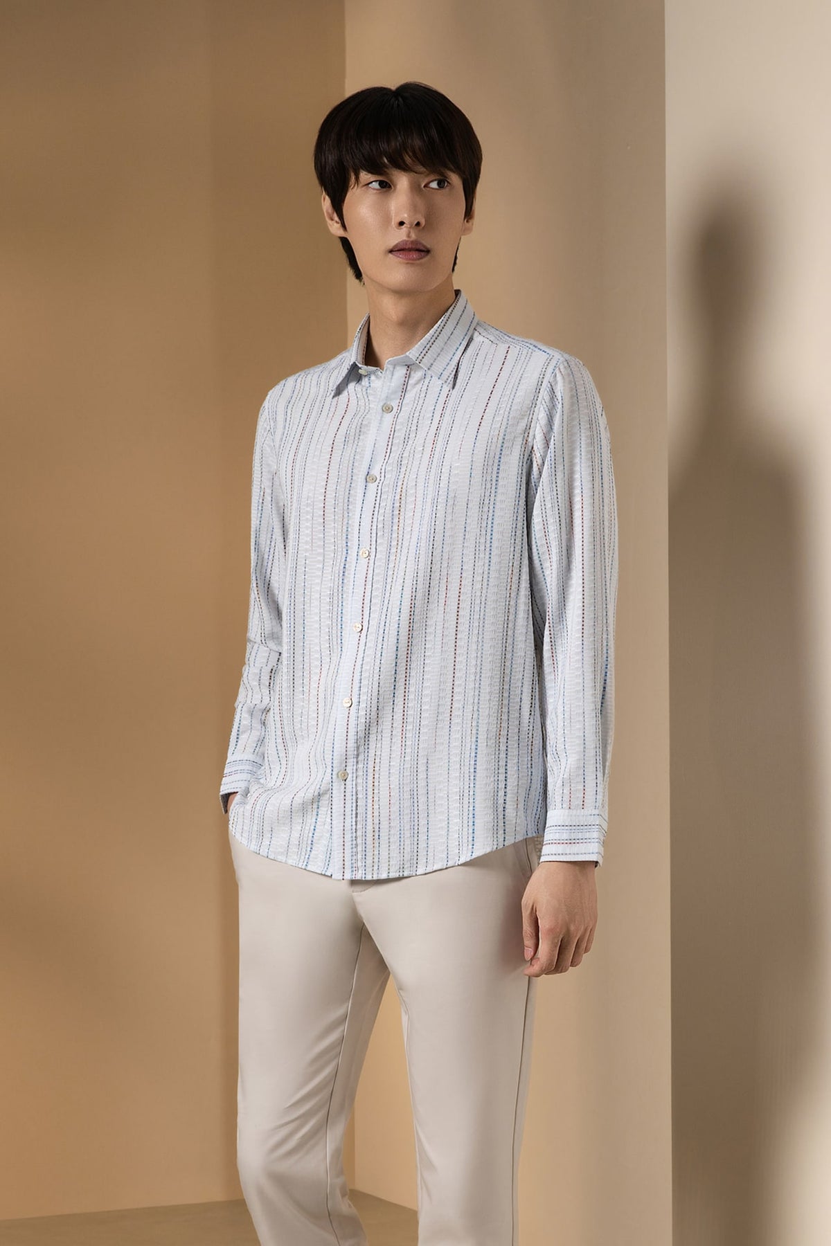 Chenille Stripe Texture Comfort Fit Long Sleeve Casual Shirt