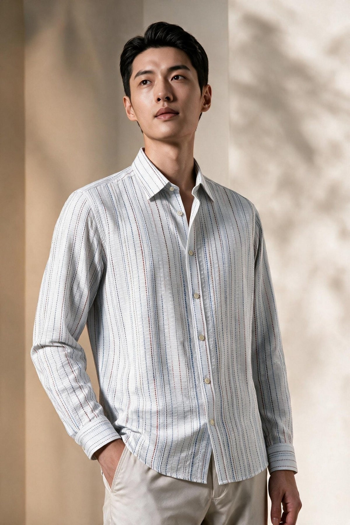 G2000 - Shirts - Chenille Stripe Texture Comfort Fit Long Sleeve Casual Shirt - Comfort - White