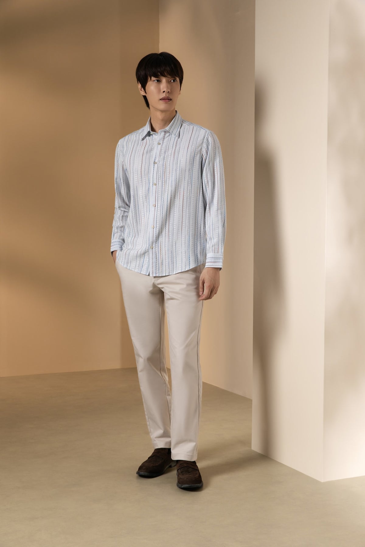Chenille Stripe Texture Comfort Fit Long Sleeve Casual Shirt