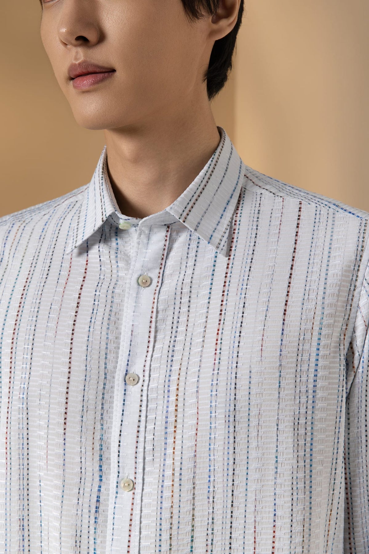 Chenille Stripe Texture Comfort Fit Long Sleeve Casual Shirt