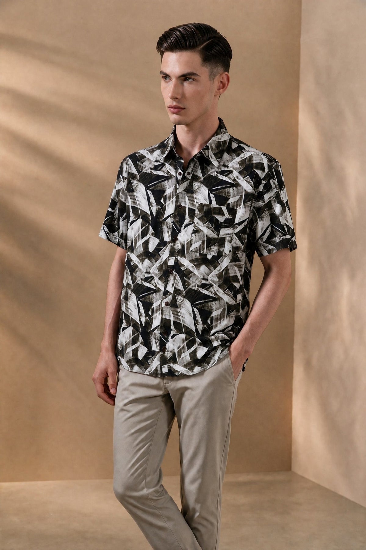 G2000 - Shirts - Non-Iron Pure Cotton Geometric Leaves Print Relax Fit Short Sleeve Casual Shirt - Relaxed - Olive