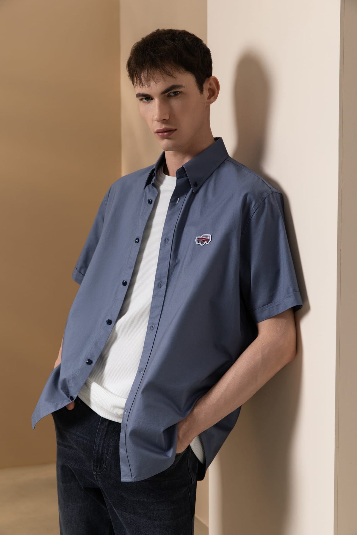 Pure Cotton Oxford Relax Fit Short Sleeve Casual Shirt with Logo