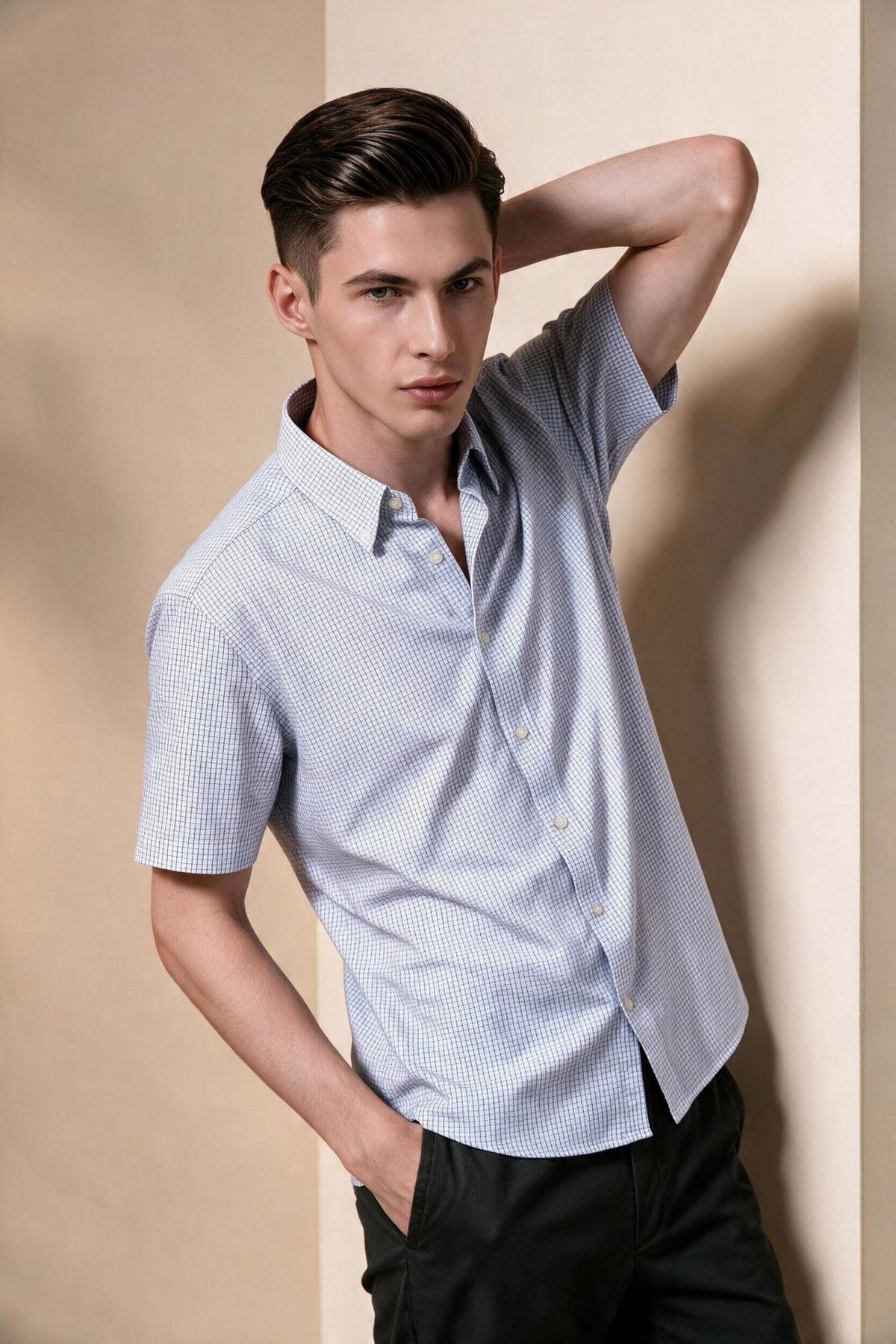 G2000 - Shirts - Non-Iron Easy Care Cotton Blend Stretch Check Smart Fit Short Sleeve Shirt - Smart - Midnight Navy