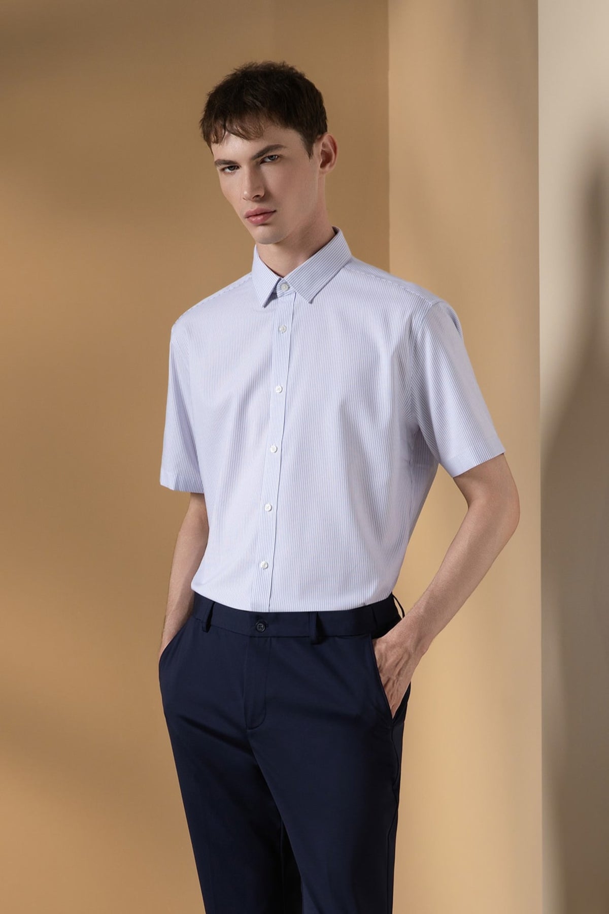 Non-Iron Three Proof Finish Stripe Smart Fit Short Sleeve Shirt