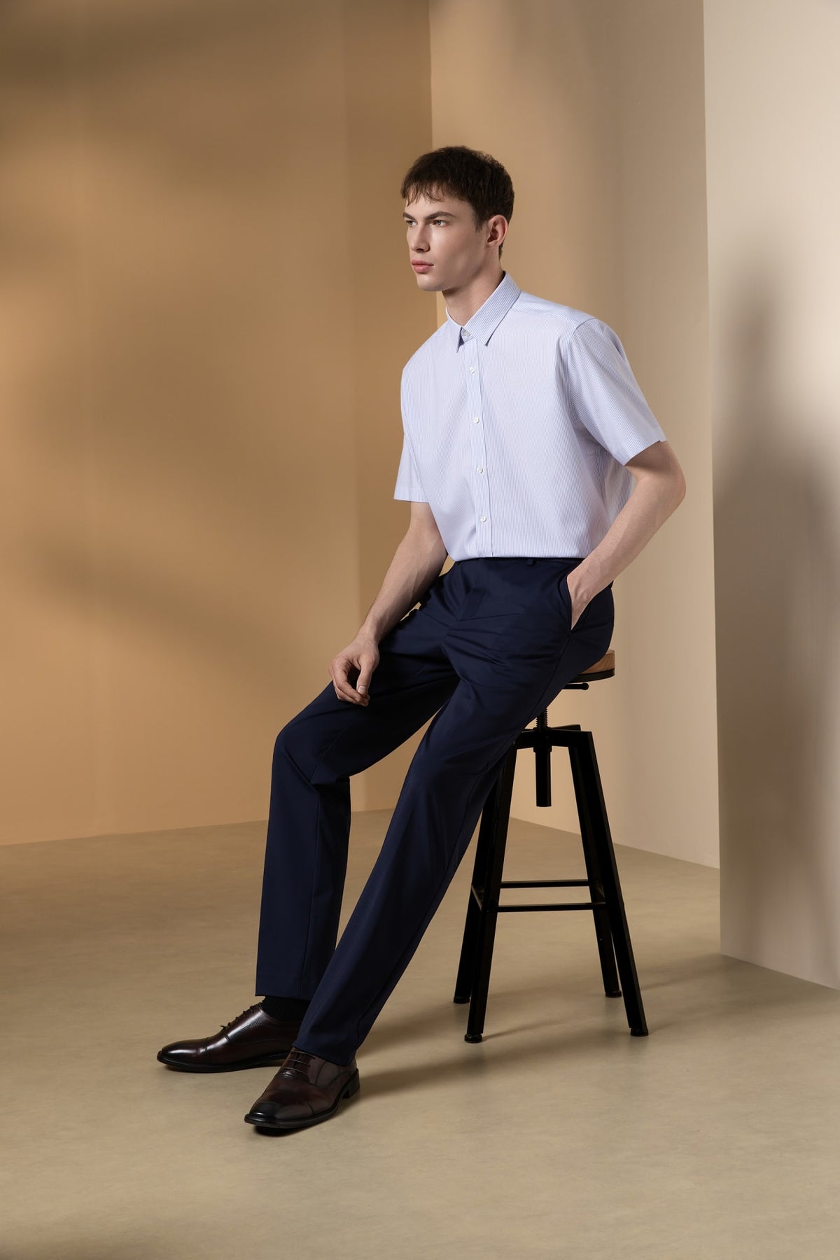 Non-Iron Three Proof Finish Stripe Smart Fit Short Sleeve Shirt