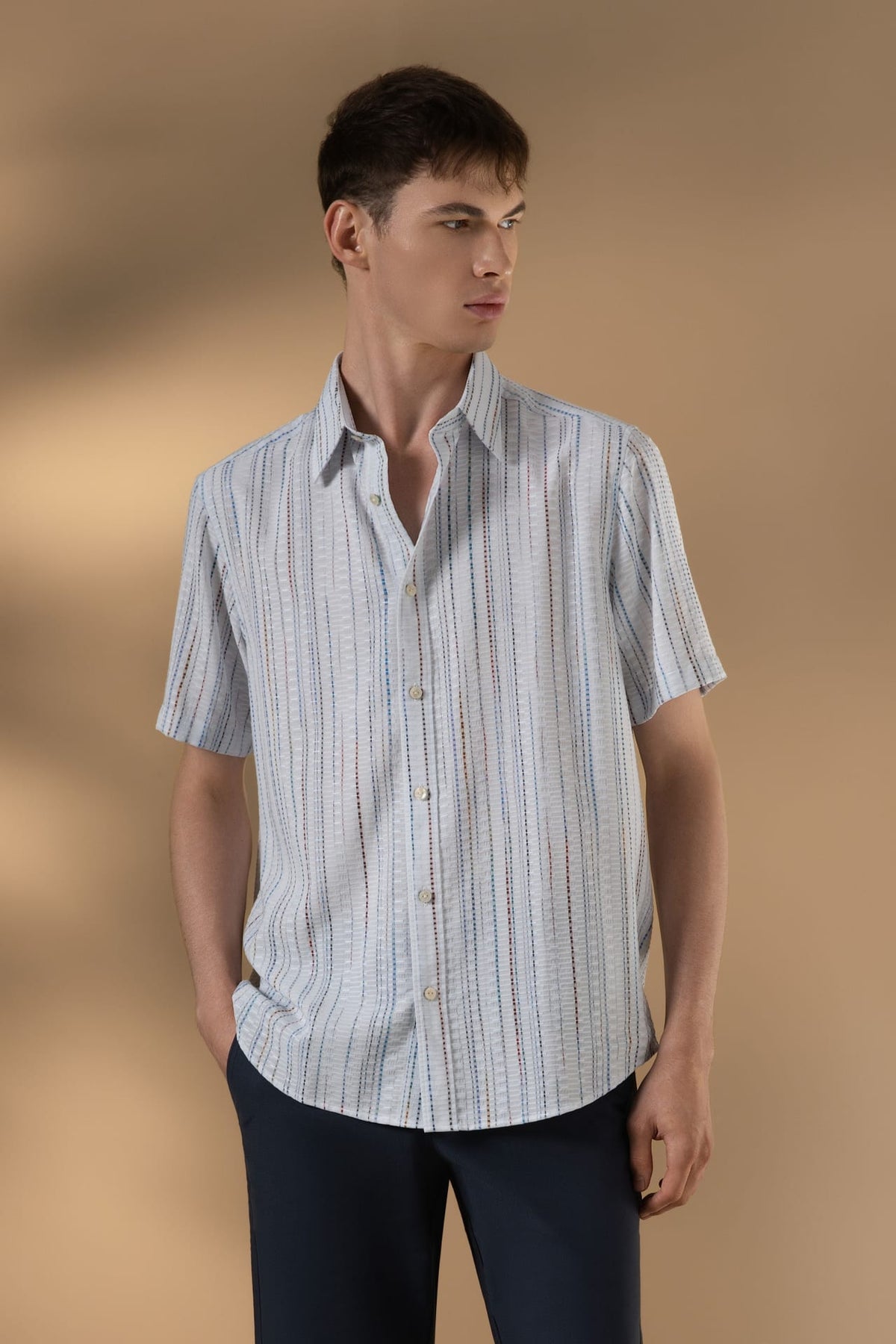Chenille Stripe Texture Comfort Fit Short Sleeve Casual Shirt