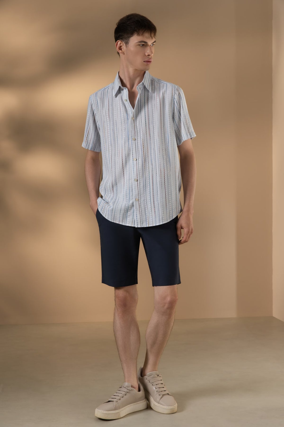 Chenille Stripe Texture Comfort Fit Short Sleeve Casual Shirt