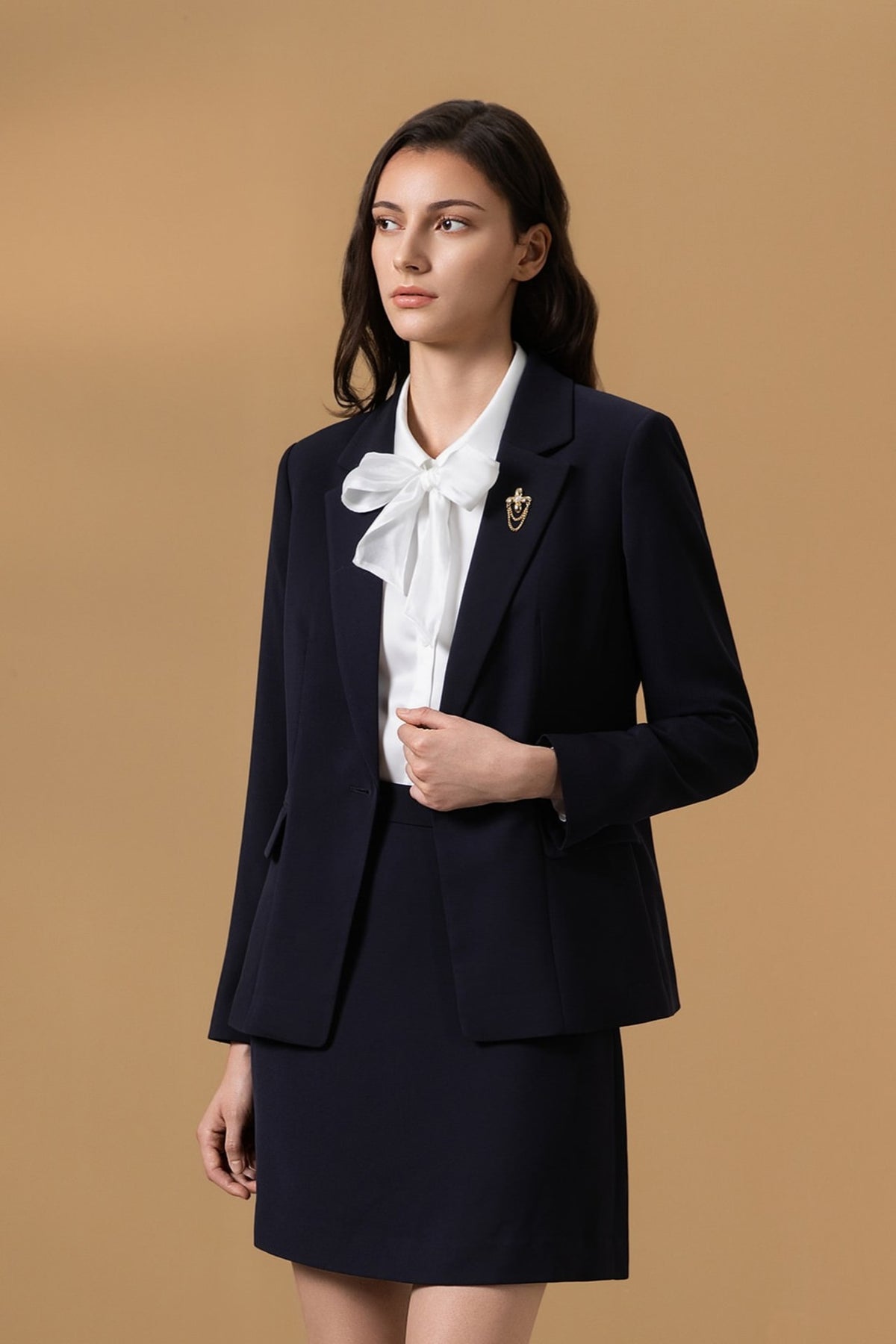 Poly Cavalry Twill Slim Fit Suit Blazer with Detachable Brooch