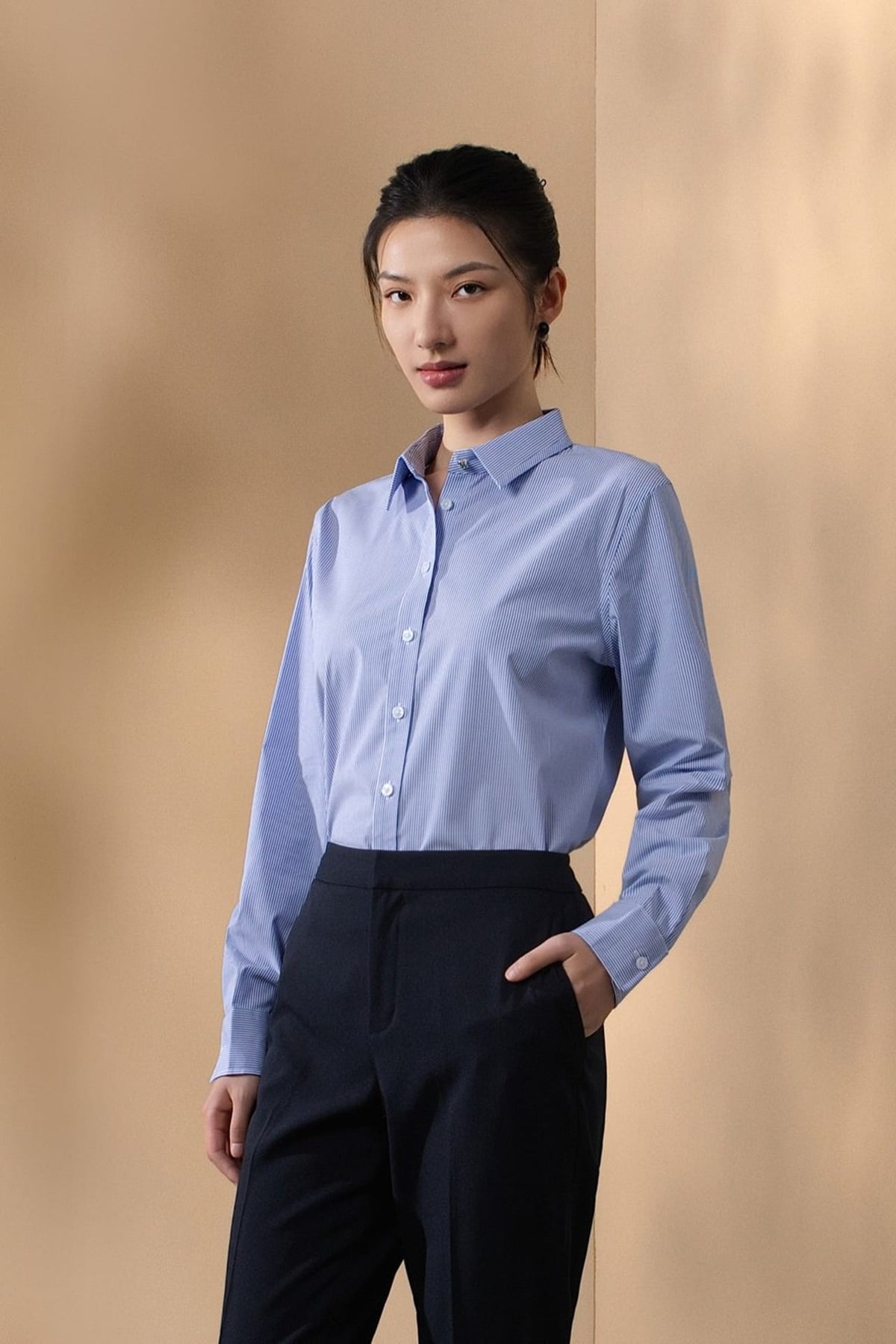 Modal Blend Twill Stripe Comfort Fit Long Sleeve Shirt with Detachable Necklace