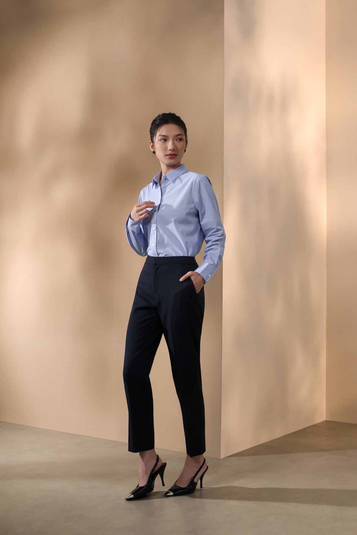 Modal Blend Twill Stripe Comfort Fit Long Sleeve Shirt with Detachable Necklace