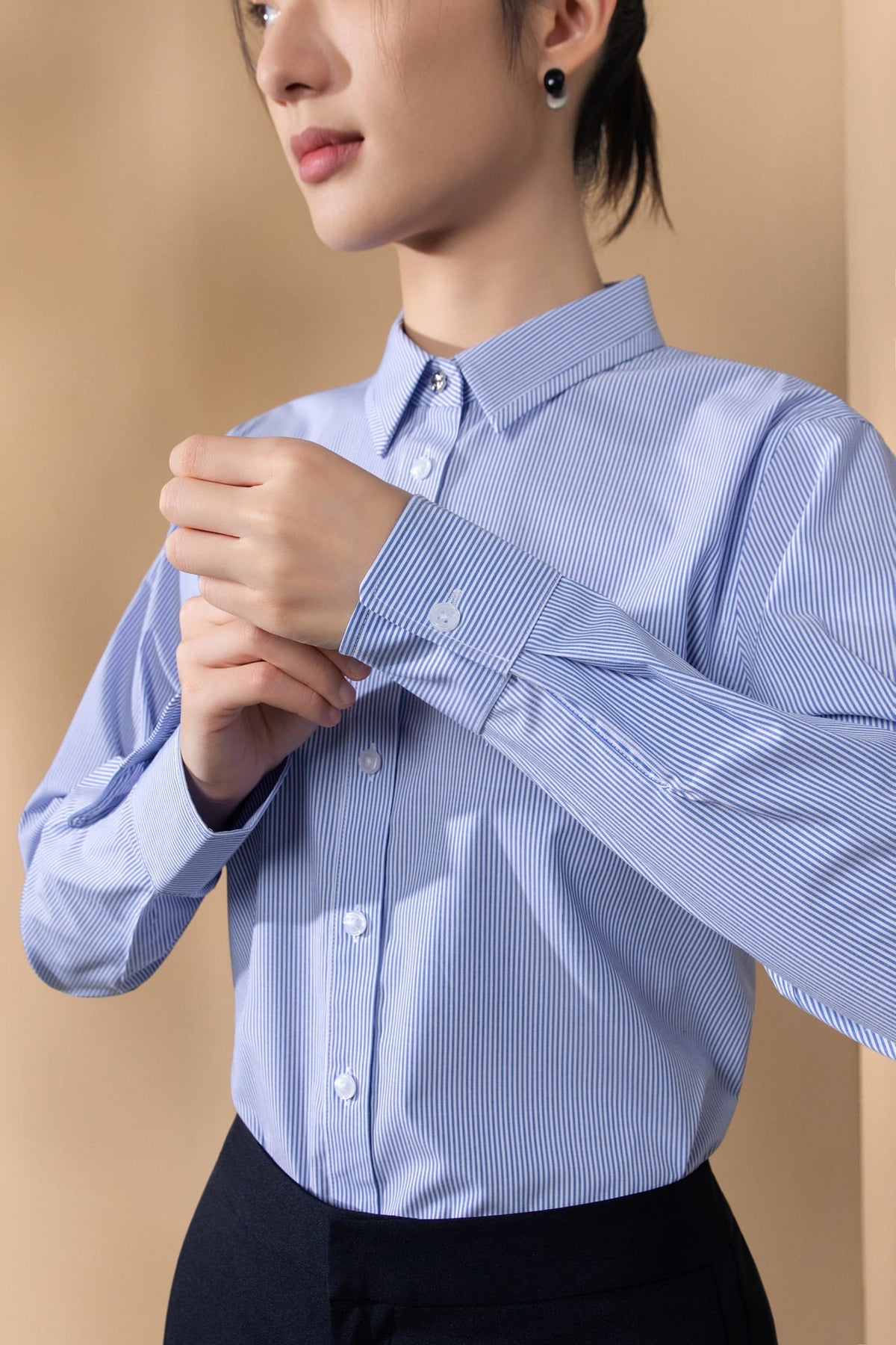 Modal Blend Twill Stripe Comfort Fit Long Sleeve Shirt with Detachable Necklace