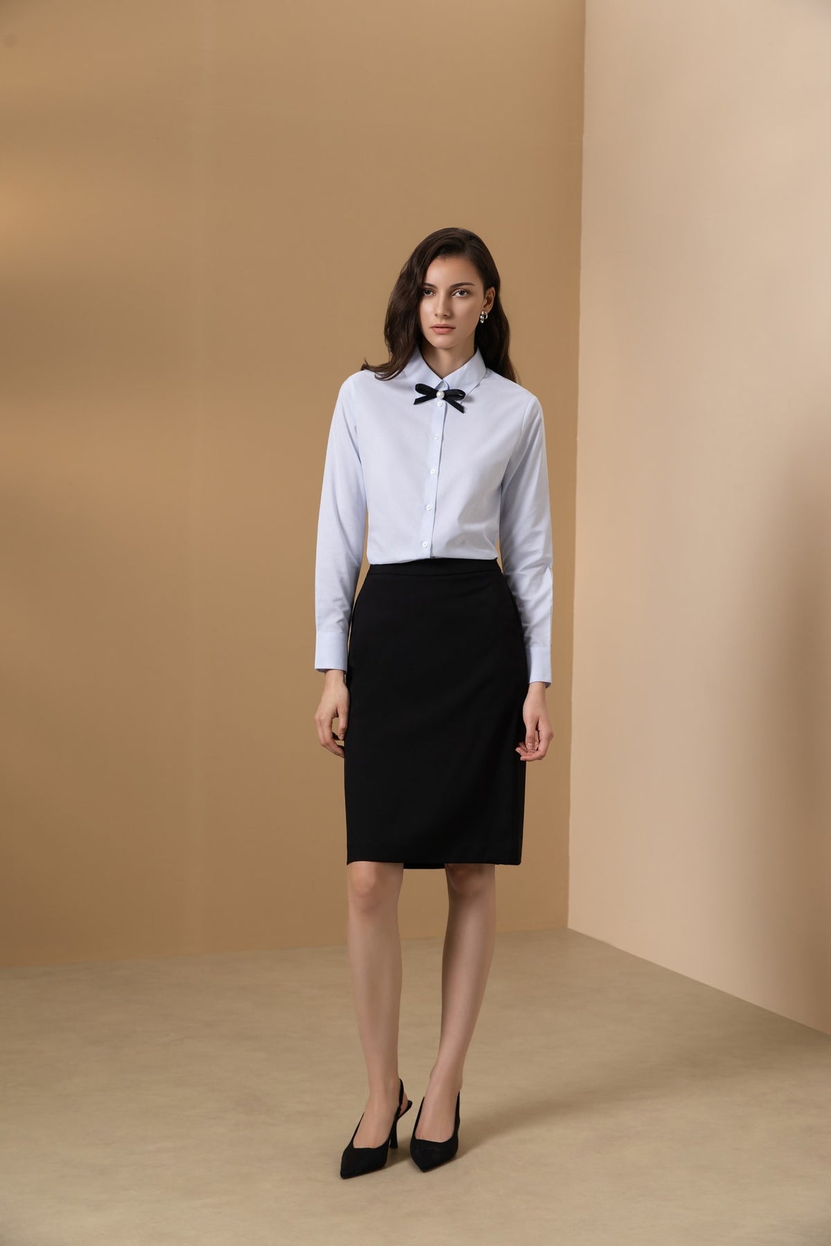 Easy Ironing Quick Dry Wicking Twill Stripe Slim Fit Long Sleeve Shirt with Detachable Bow Tie