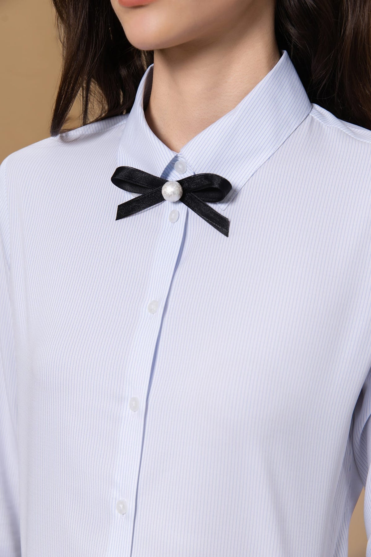 Easy Ironing Quick Dry Wicking Twill Stripe Slim Fit Long Sleeve Shirt with Detachable Bow Tie