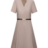 Poly Cavalry Twill Fit & Flare V-Neck Dress with Belt