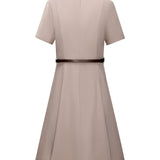 Poly Cavalry Twill Fit & Flare V-Neck Dress with Belt