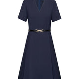 Poly Cavalry Twill Fit & Flare V-Neck Dress with Belt
