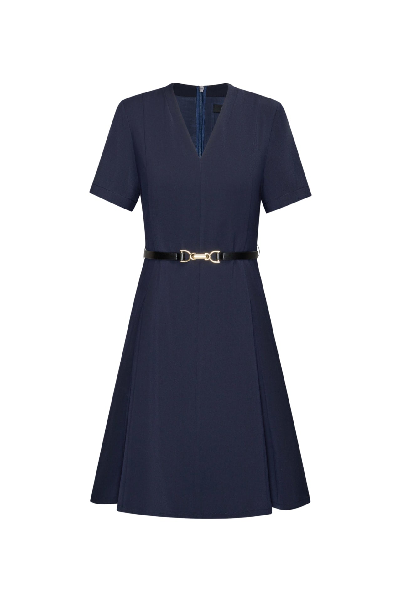 Poly Cavalry Twill Fit & Flare V-Neck Dress with Belt