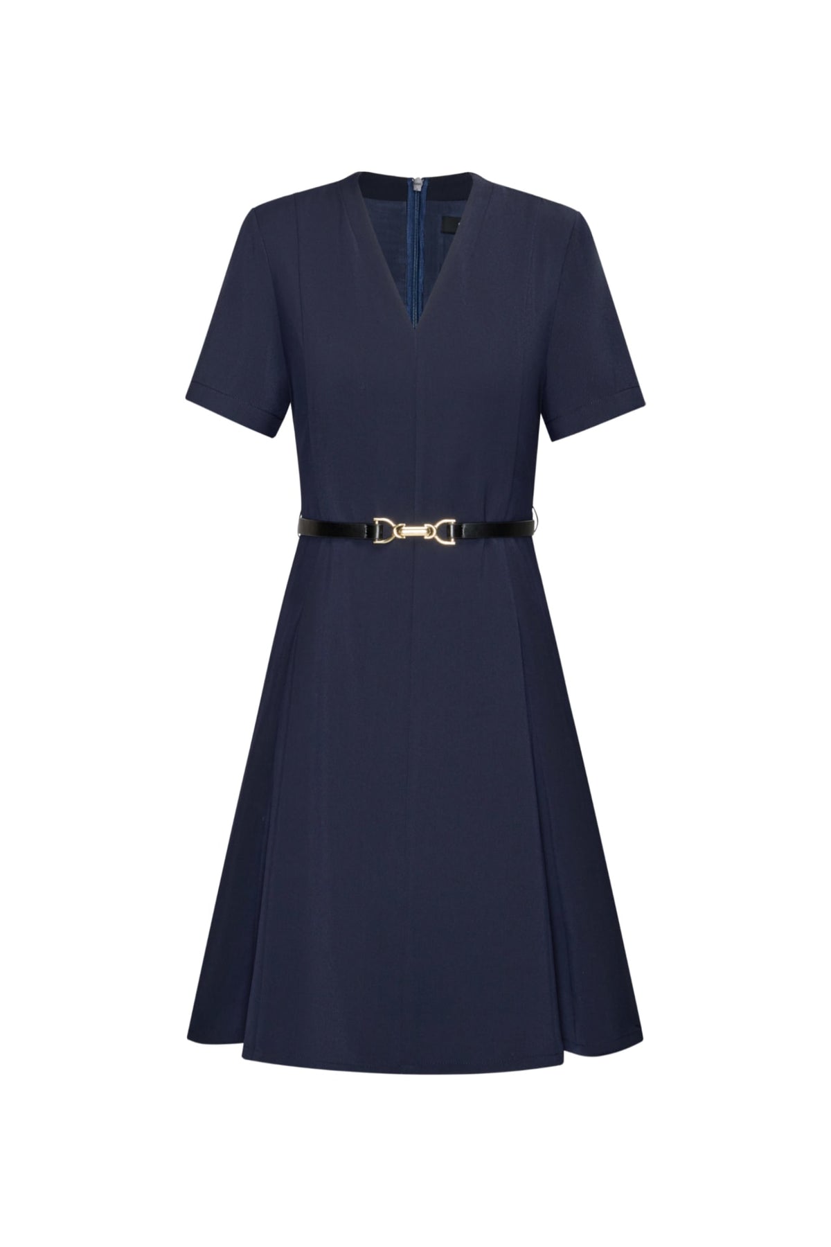 Poly Cavalry Twill Fit & Flare V-Neck Dress with Belt