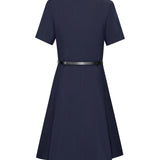 Poly Cavalry Twill Fit & Flare V-Neck Dress with Belt