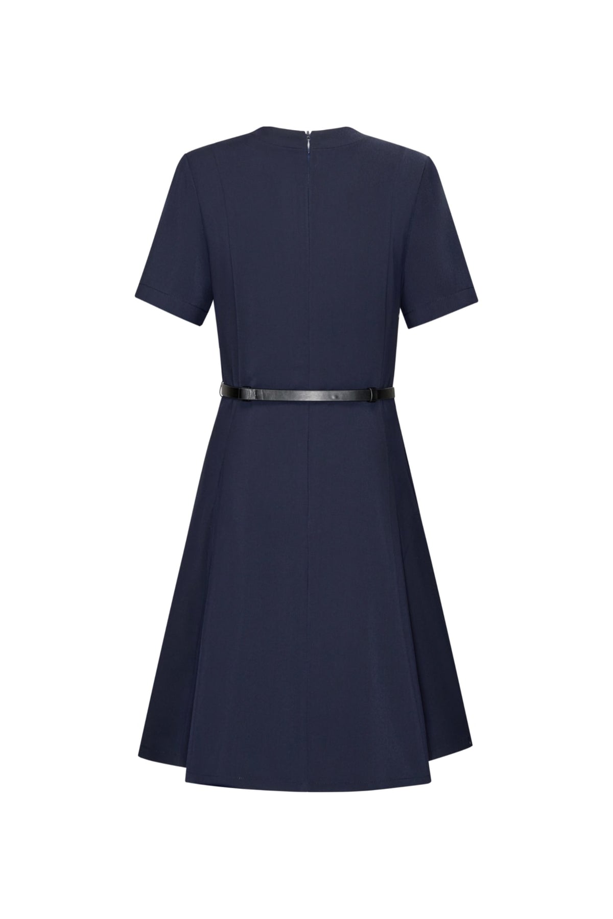 Poly Cavalry Twill Fit & Flare V-Neck Dress with Belt