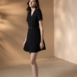 Poly Cavalry Twill Fit & Flare V-Neck Dress with Belt
