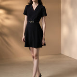 Poly Cavalry Twill Fit & Flare V-Neck Dress with Belt