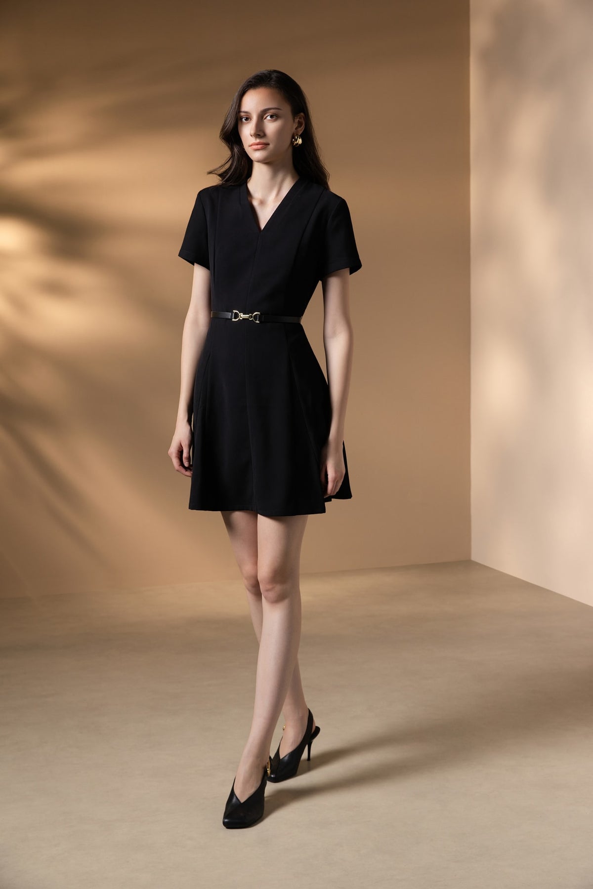Poly Cavalry Twill Fit & Flare V-Neck Dress with Belt
