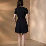 Poly Cavalry Twill Fit & Flare V-Neck Dress with Belt