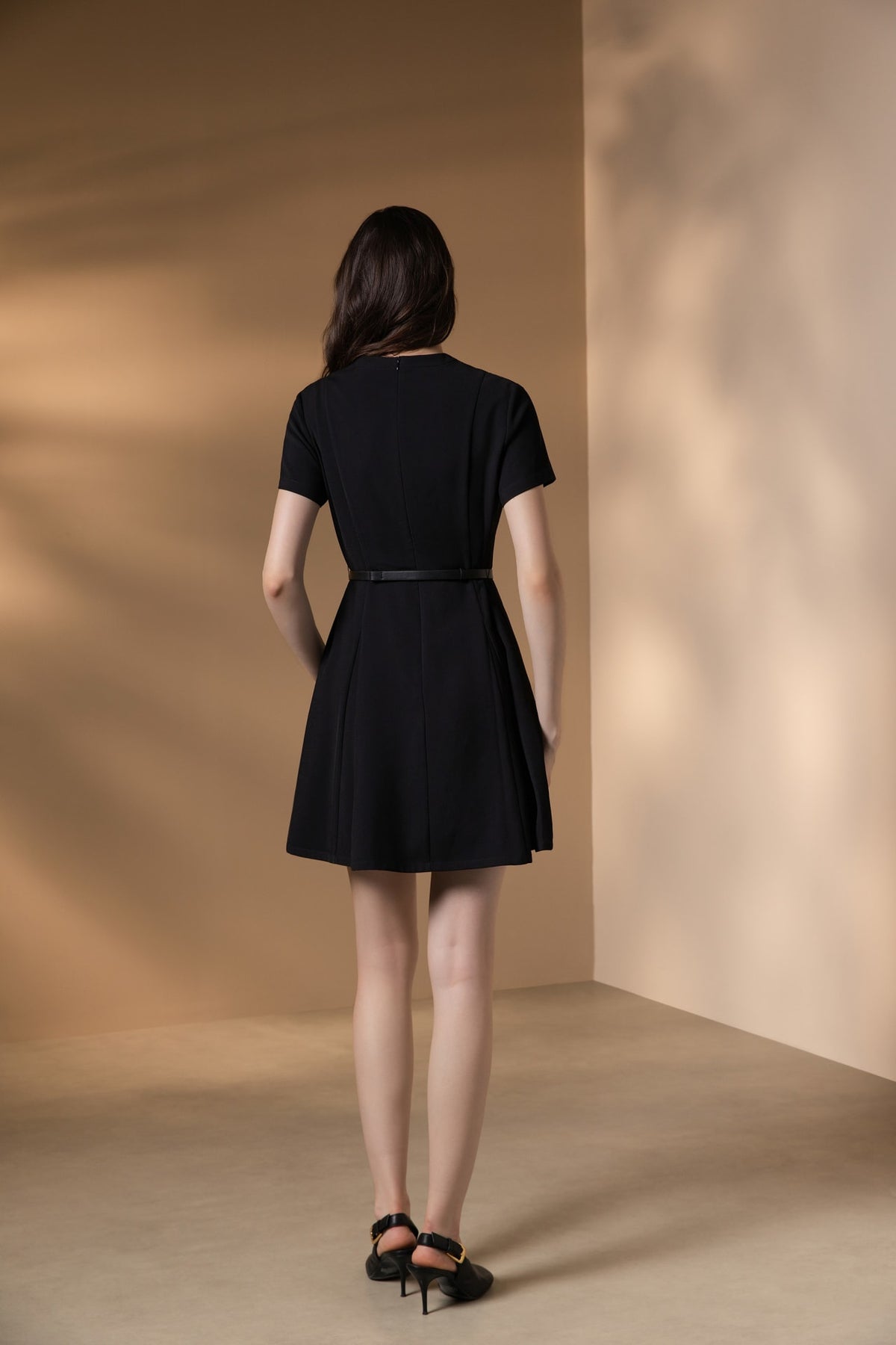 Poly Cavalry Twill Fit & Flare V-Neck Dress with Belt